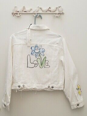 NWT Mustard Seed Artisan Hand- Painted Cropped Denim Jacket Small Love